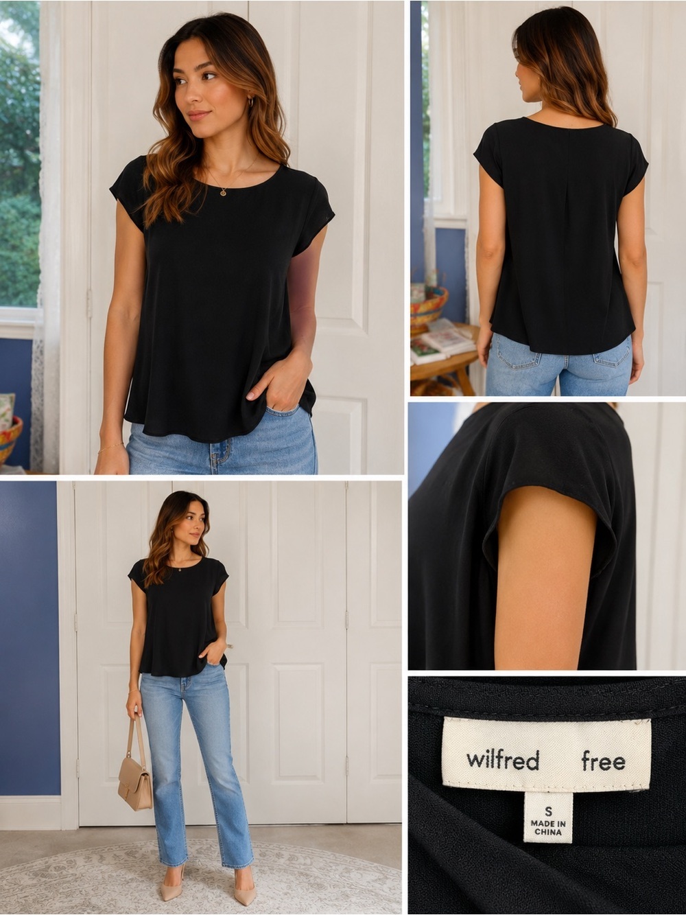 Wilfred Free Aritzia Black Silk-Look Cap Sleeve Blouse Size Small